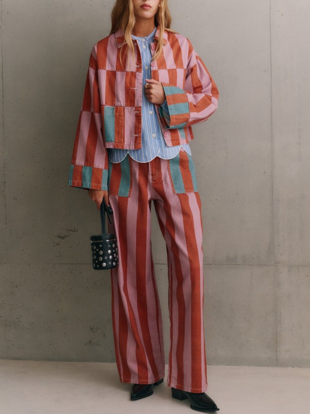 Multicolor Casual Women's Bold Striped Regular Fit Baggy Wide Leg Denim Trousers